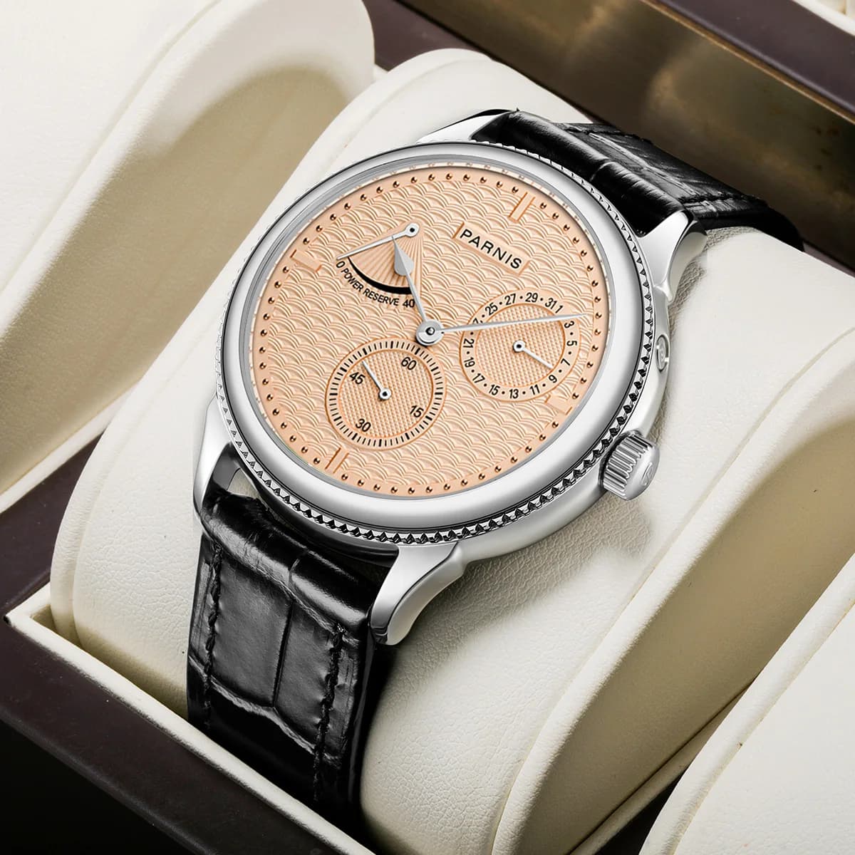 Top Brand Parnis 42mm Silver Case Automatic mechanical watches men's calendar reserve leather strap waterproof men's watches