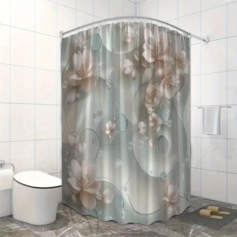 Tenda da doccia floreale eterea: fiori morbidi rosa e bianchi, viti e bolle vorticose, poliestere impermeabile, facile installazione
