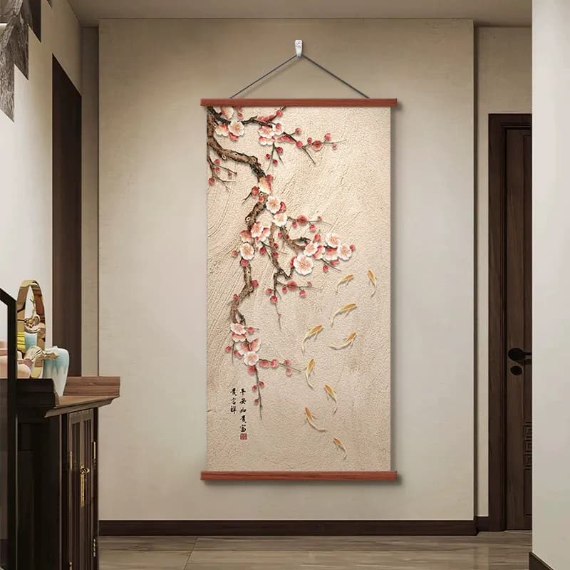 Aesthetic Room Decor, Nine Fish Painting Chinese Style Wall Art Scroll Wealth & Luck Symbol Scroll for Entryway Home Decoration​