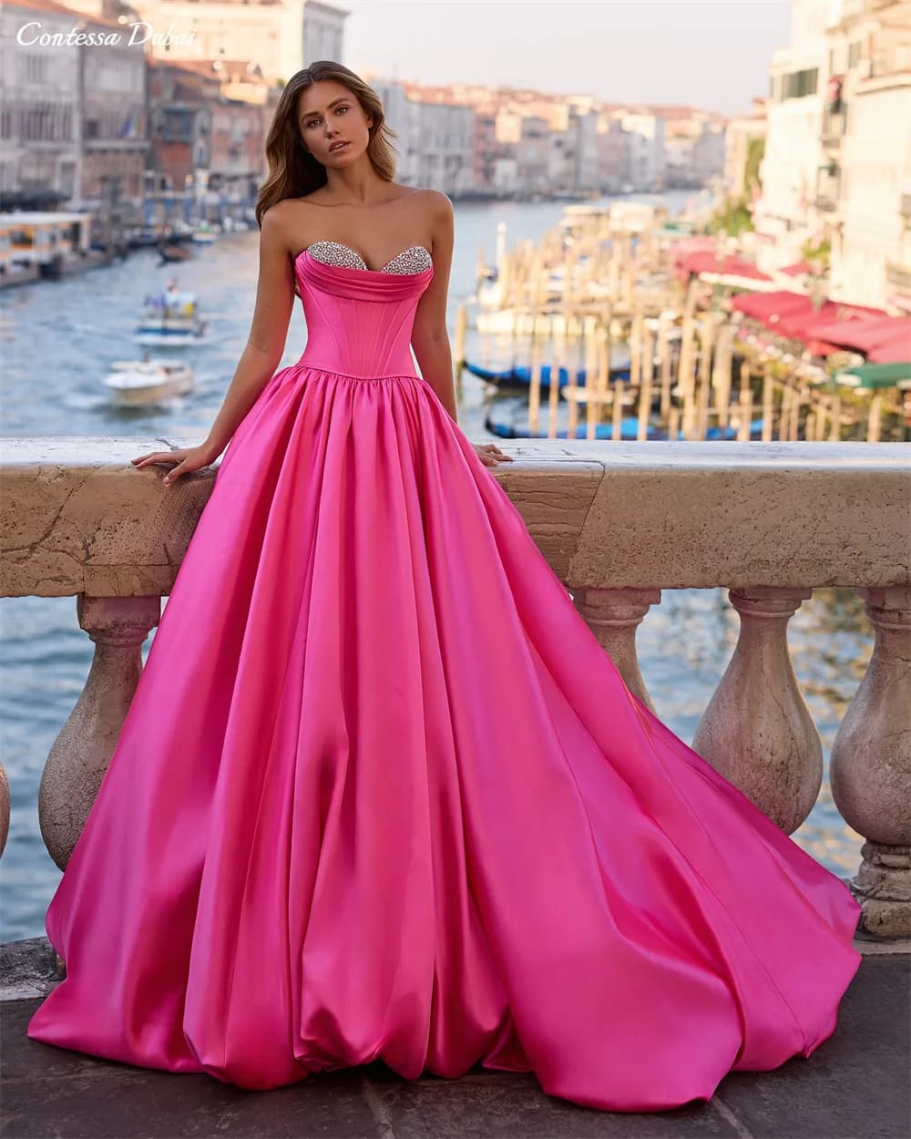 Contessa Custom Strapless Sweetheart Satin Evening Dress Crystal Beaded Bust Ball Gown With Train Long Pink Prom Party Dress