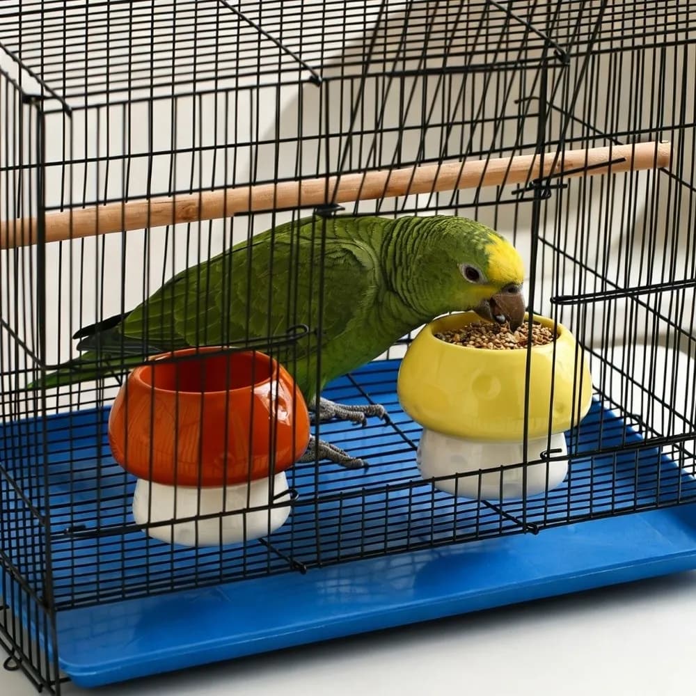 Cute Ceramic Mushroom Bird Feeder Anti Tip Large Capacity Parrot Food Container Spill Proof Feeding Station Bird Cage