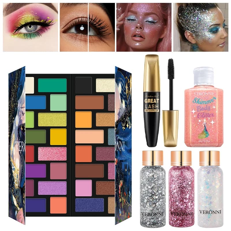 32-Color Eyeshadow Palette + Chunky Glitter Gel Set + Mascara – Festival Rave Makeup Kit, High-Pigment Matte & Shimmer, Y2K Set