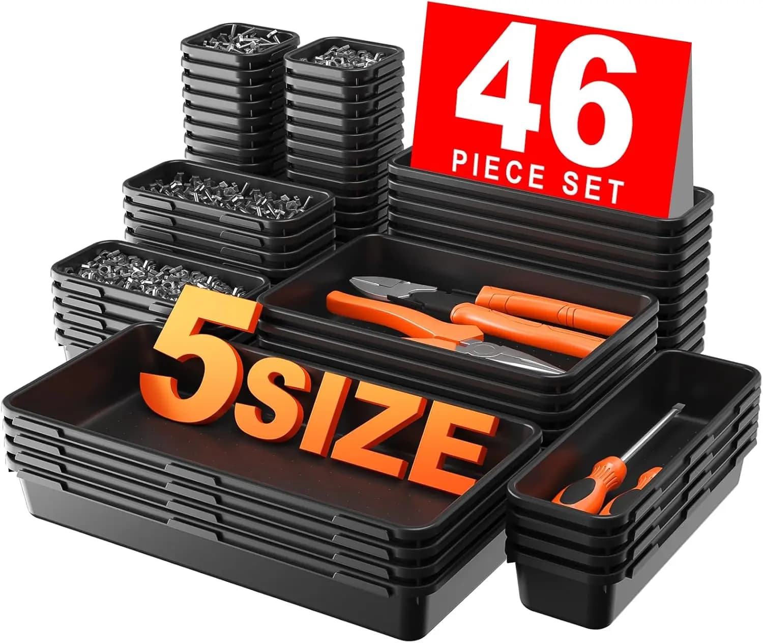 Set di 46 Divisori per Cassetti in 5 Misure - Organizzatori Neri per Garage, Bagno, Cucina