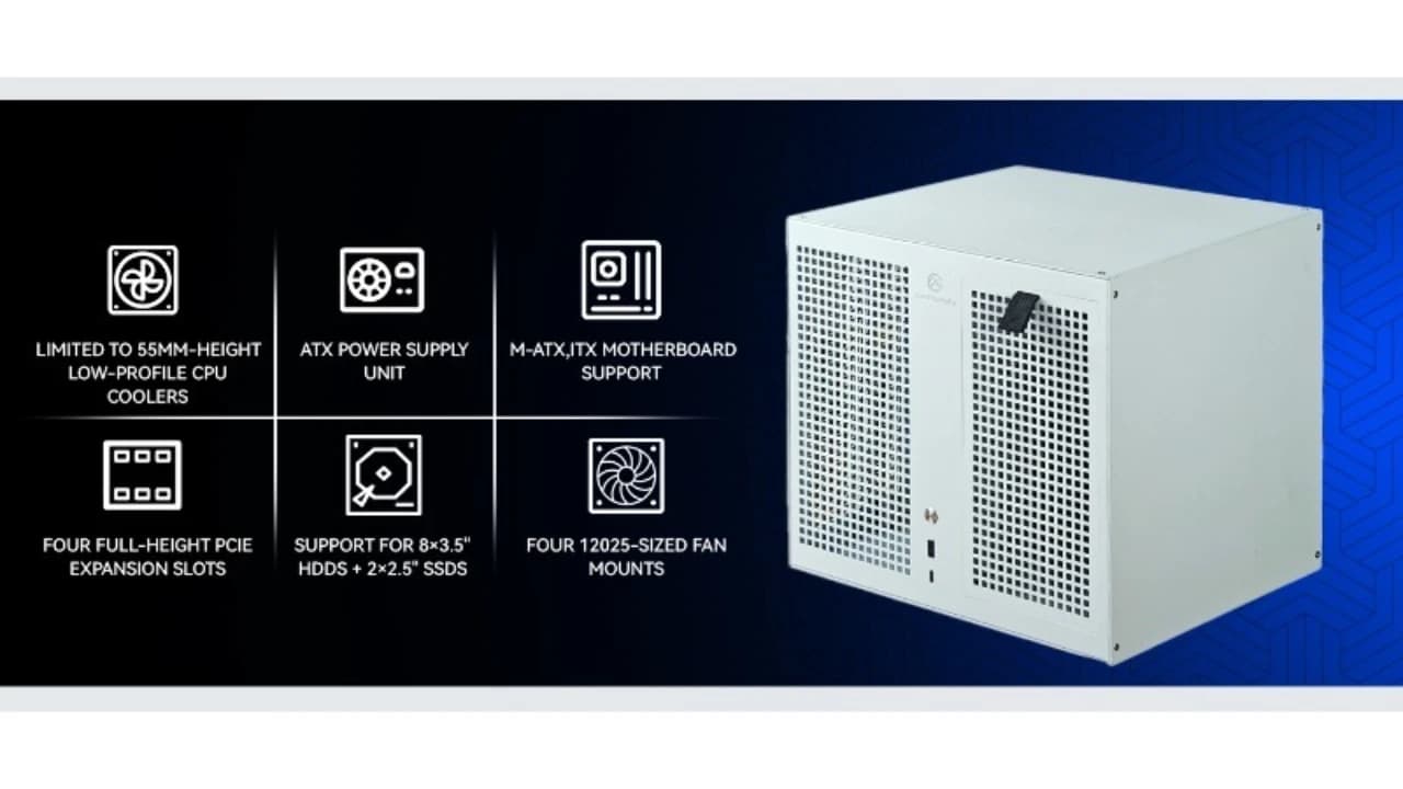 Telaio NAS Sagittario a 8 alloggiamenti con scheda posteriore, alimentatore ATX, PCIe a tutta altezza MATX, archiviazione Qunhui AIO, UNRAID