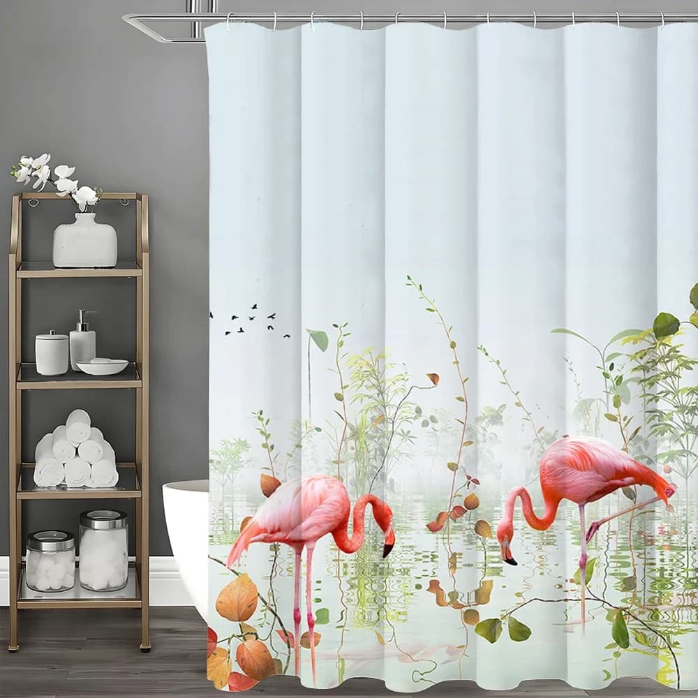 Tenda da doccia floreale Flamingo Lake, tenda da doccia decorativa per bagno, tenda da doccia impermeabile con ganci