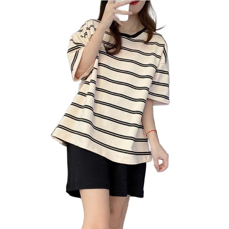 Women Pajamas Summer Two Pieces Sets O-neck Short Sleeve Shorts Pant Homewear with Big Size Chest Pad Thin Loose Striped Cute