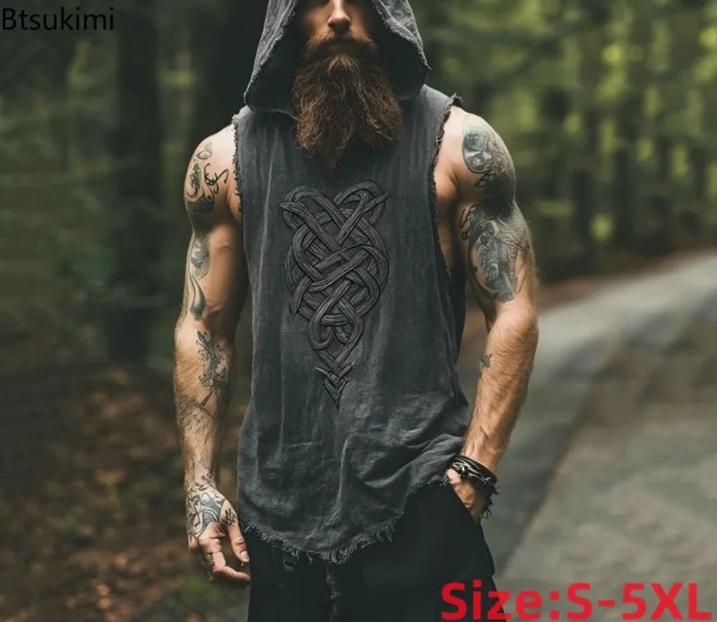 New Men's Fashion Linen Sleeveless Hooded Tank Top Summer Male 3D National Ethnic Digital Printing Crew Neck Casual Vest T-shirt
