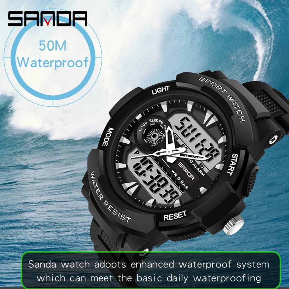 SANDA 6002 New Design Big Watches Men's Watch Digital Sports Luminous 5BAR Waterproof Men's Quartz Double Display Masculine Relogio