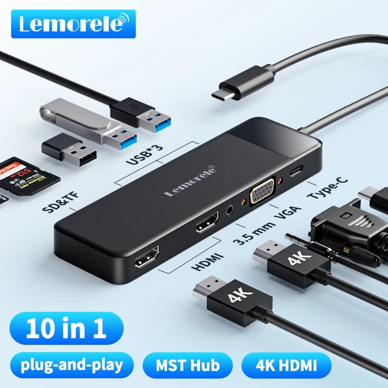 Lemorele Hub USB C a 10 porte Docking Station da USB Type C a doppio HDMI 4K 30Hz VGA Adattatore USB 3.0 PD100W Lettore di schede SD per MacBook