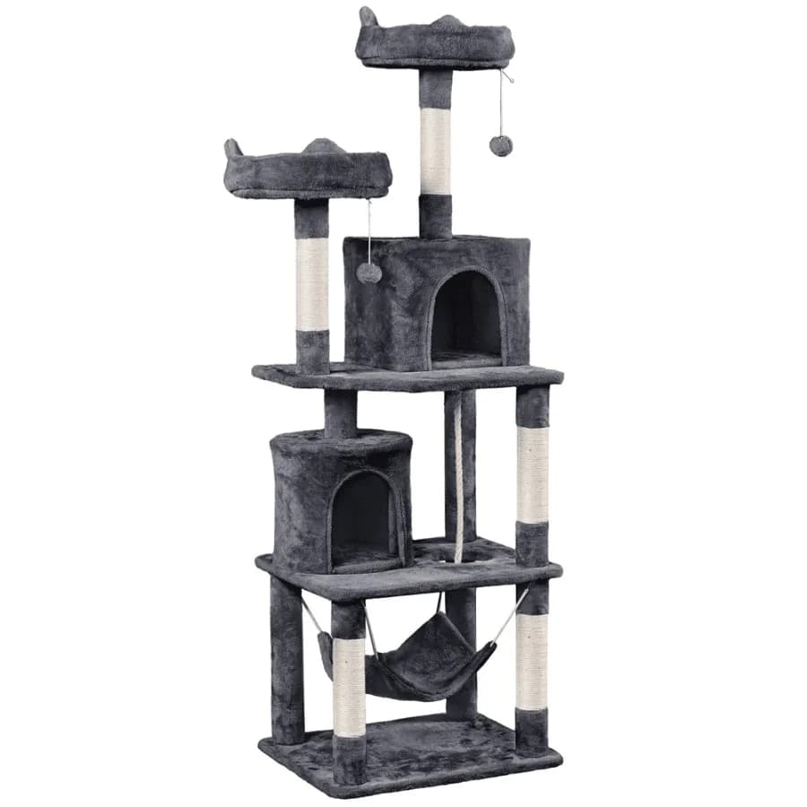 70″H Multi Level Cat Tower Tree with 2 Condos and 2 Foam-Padded Perches for Medium Large Cats Light Gray