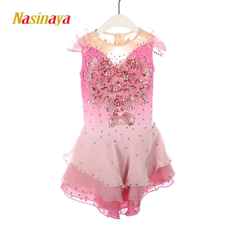 Costumi per pattinaggio artistico, costumi per performance, costumi per pattinaggio su ghiaccio, gonne da competizione da donna, sfumatura rosa, carini, senza maniche