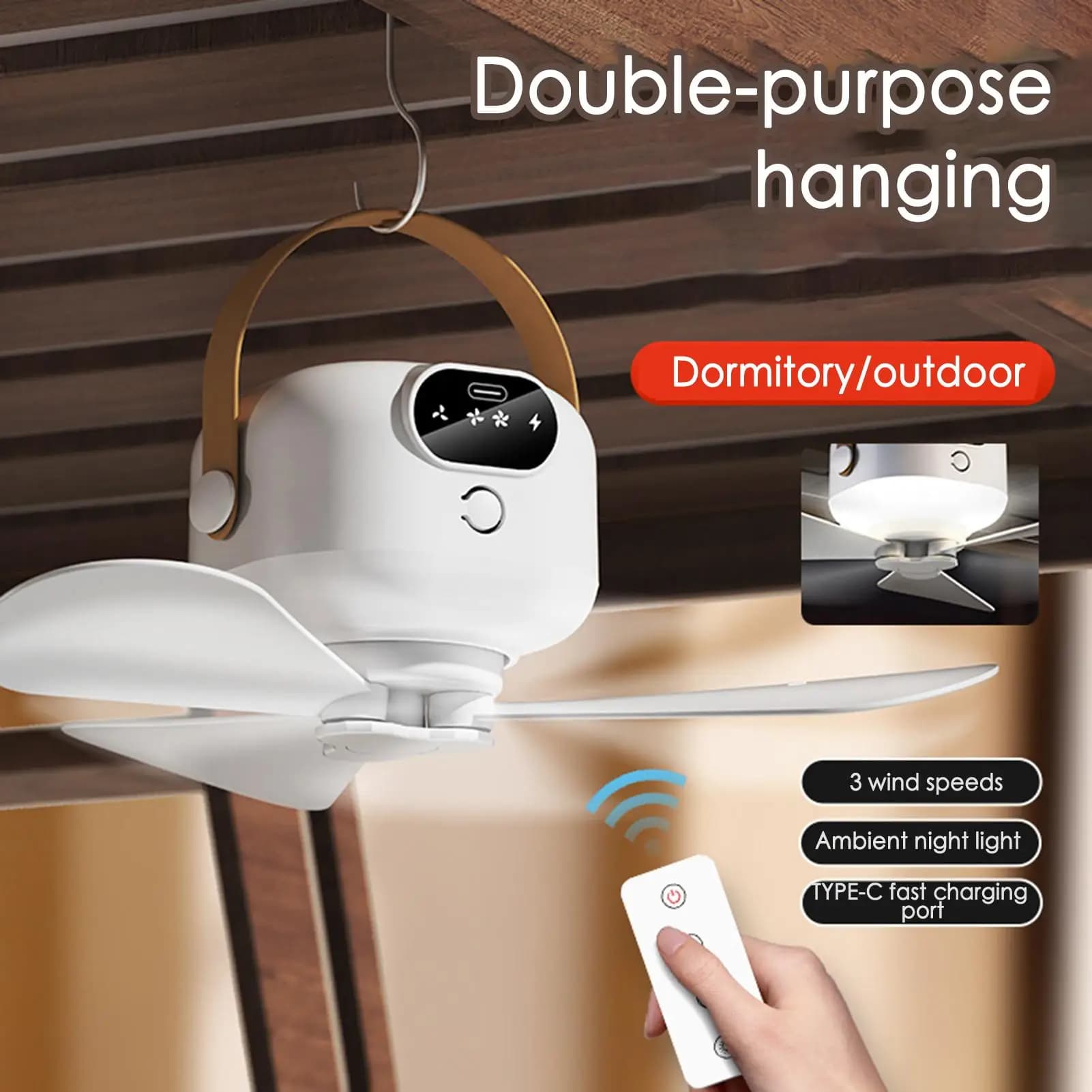 Ventilatore da soffitto da campeggio 2400mAh con luce Lampada da notte a LED con telecomando regolabile a 3 marce Ventola di raffreddamento wireless USB per la casa all'aperto