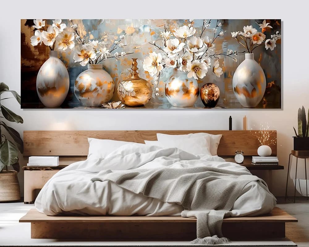 Abstract White Flowers in Modern Gold Tones Vases Canvas Print, Luxury Floral Painting, Contemporary Wall Art, No Framed