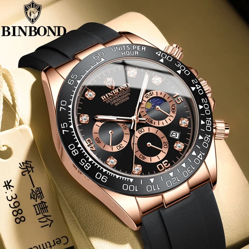 BINBONG Men's Quartz Watch Silicone Strap Lunar Phases Date Chronograph Dial Men's Watch Sports Fashion Waterproof Business