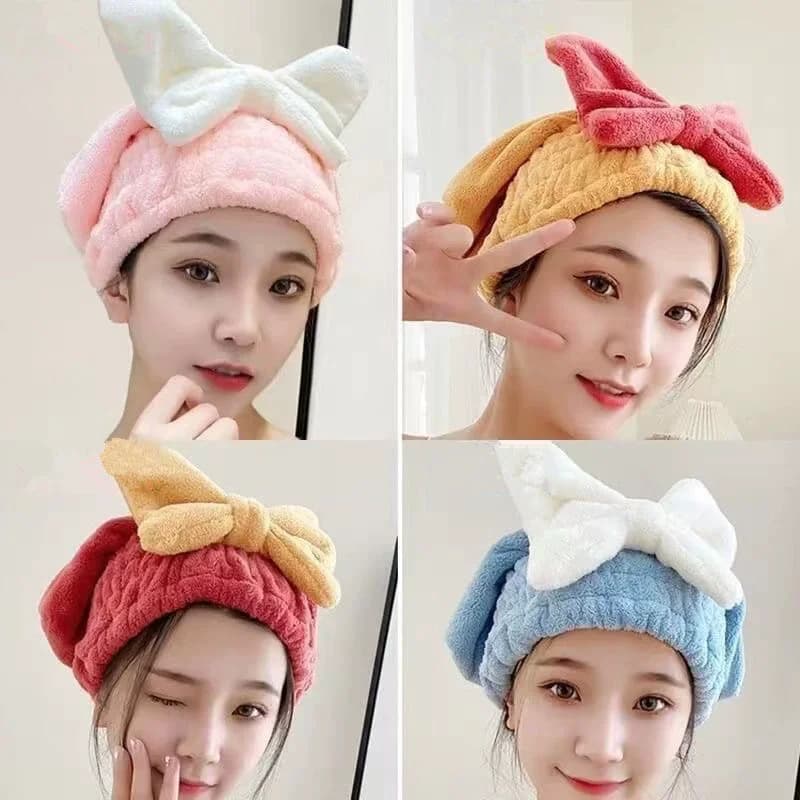 Cute Bow Shaped Hair Cap for Women Quick Drying Coral Fiber Dry Hair Towel Fast Absorbing Ladies Head Towel