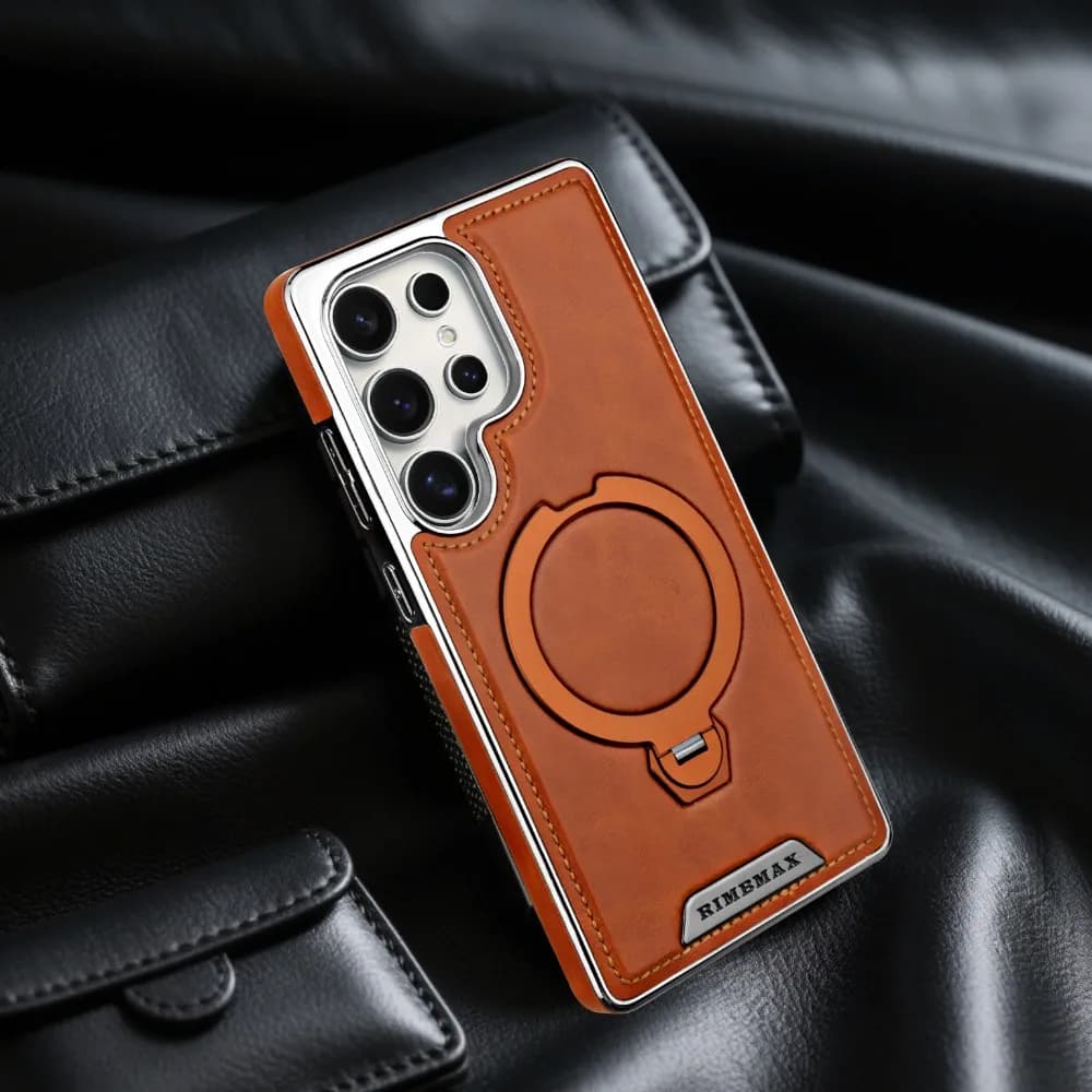 Luxury Business Oil Wax Faux Leather Magnetic Phone Case For Samsung S26 Ultra S24 S25 S23 Magnetic 360° Rotating Stand Cover