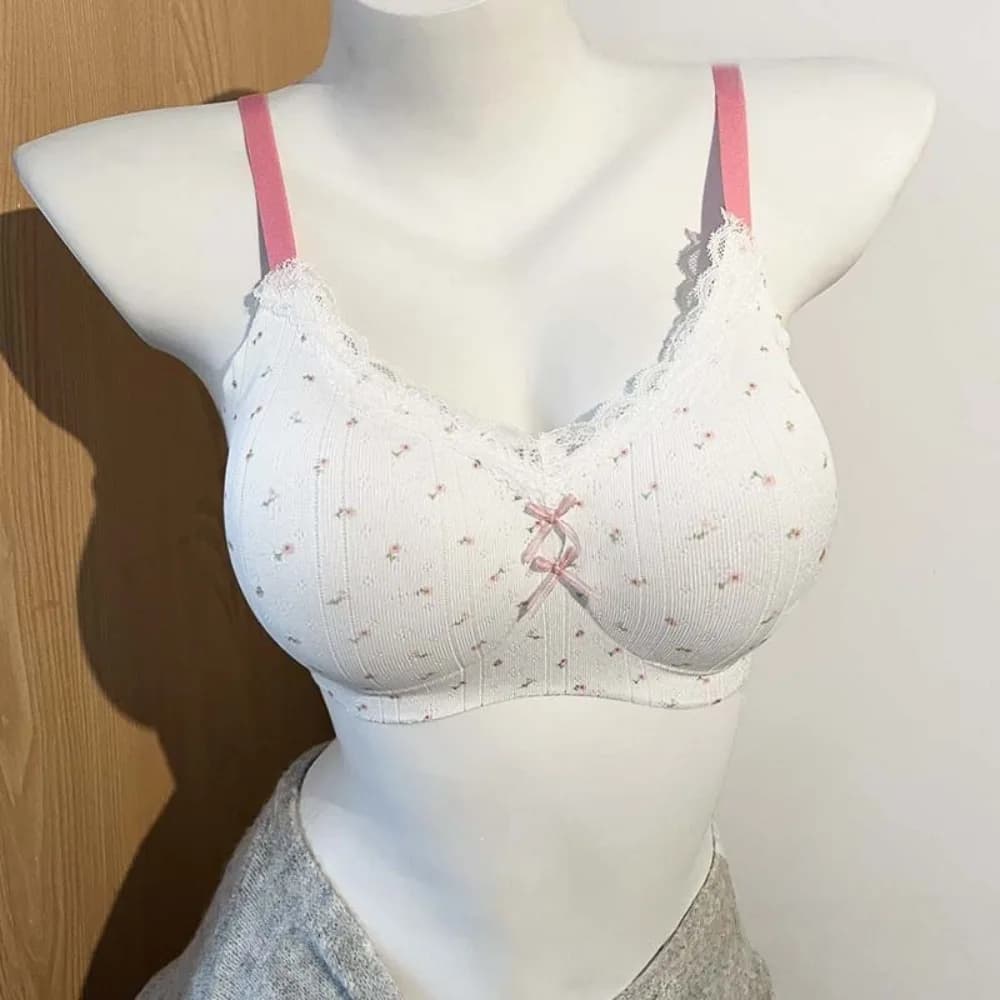 Reggiseno a V senza fili in pizzo invisibile con fiocco floreale, anti-shock, con stampa floreale, effetto push-up e motivo a pois