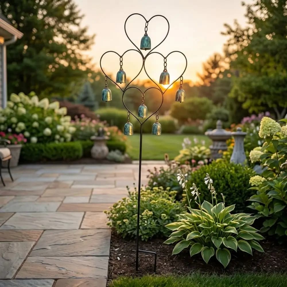 Ornament Heart-Shaped Metal Garden Stake Rustic Antique Finish Wind Chime Ground Plug Handmade Wind Chime Ornament Lawn