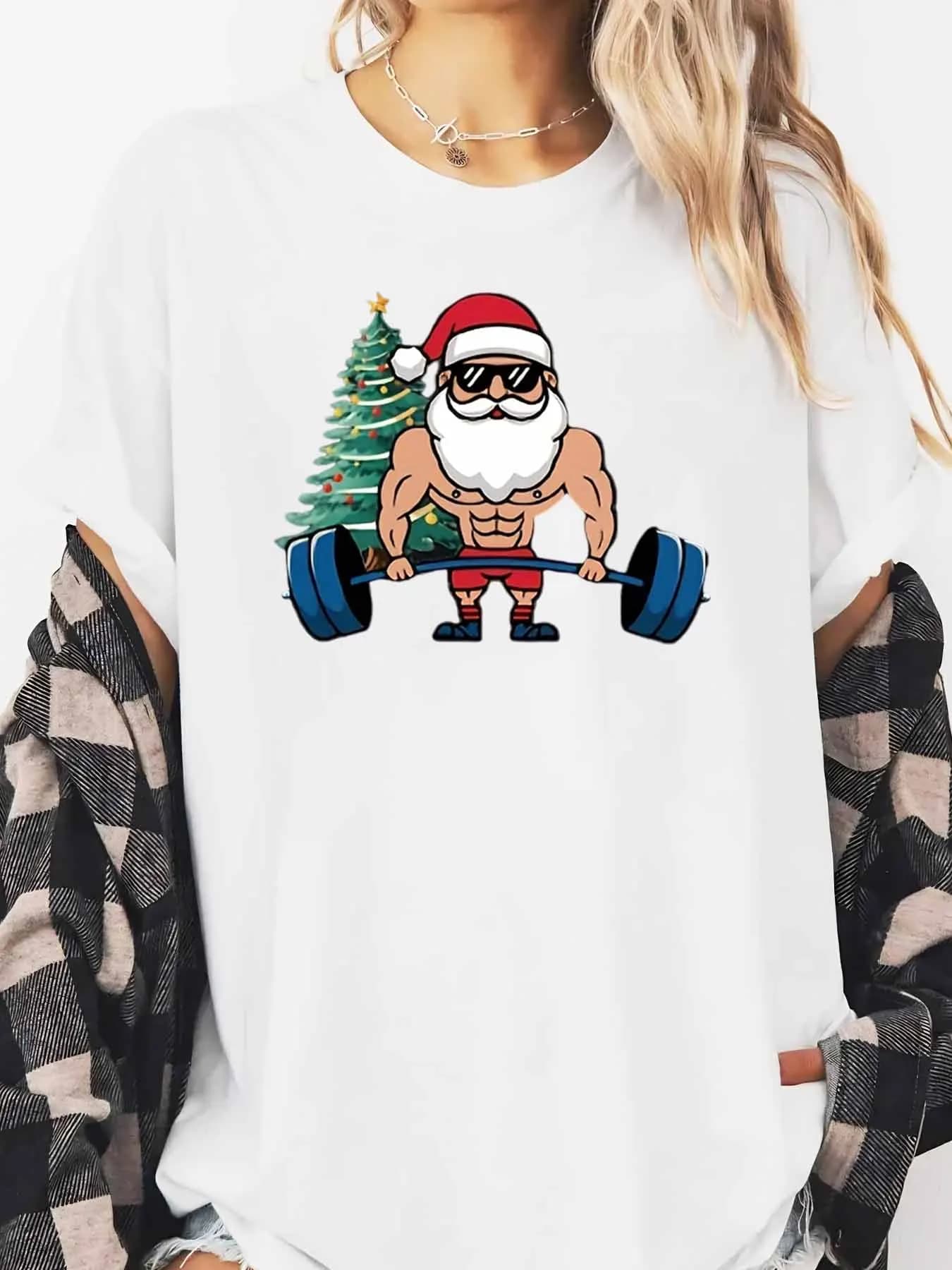 T-shirt con stampa natalizia con manubri di sollevamento di Babbo Natale da donna Abbigliamento casual da vacanza Bianco Taglie forti