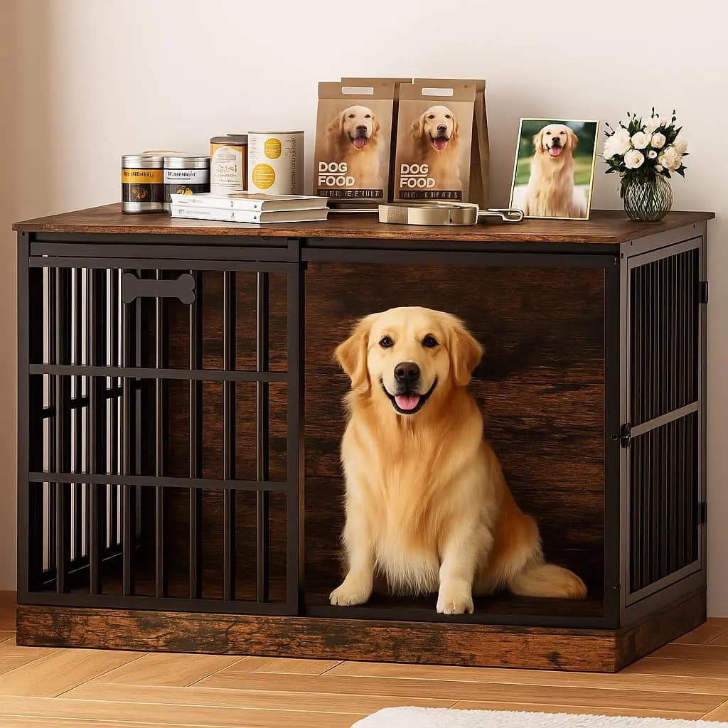 Cuccia per cani in legno da 47 pollici con targhetta identificativa, porta scorrevole, cuccia robusta per interni, tavolino laterale, supporto TV, marrone, personalizzabile
