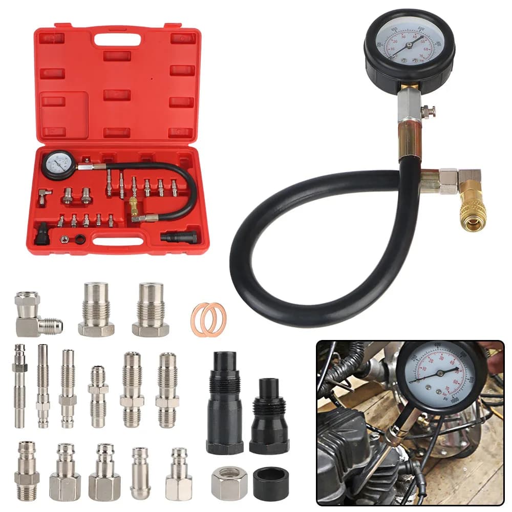 Kit Tester Compressione Cilindri Motore Diesel con Manometro 0-1000Psi, Strumenti Diagnostici, Set Adattatori TU-15A, 18 Pezzi