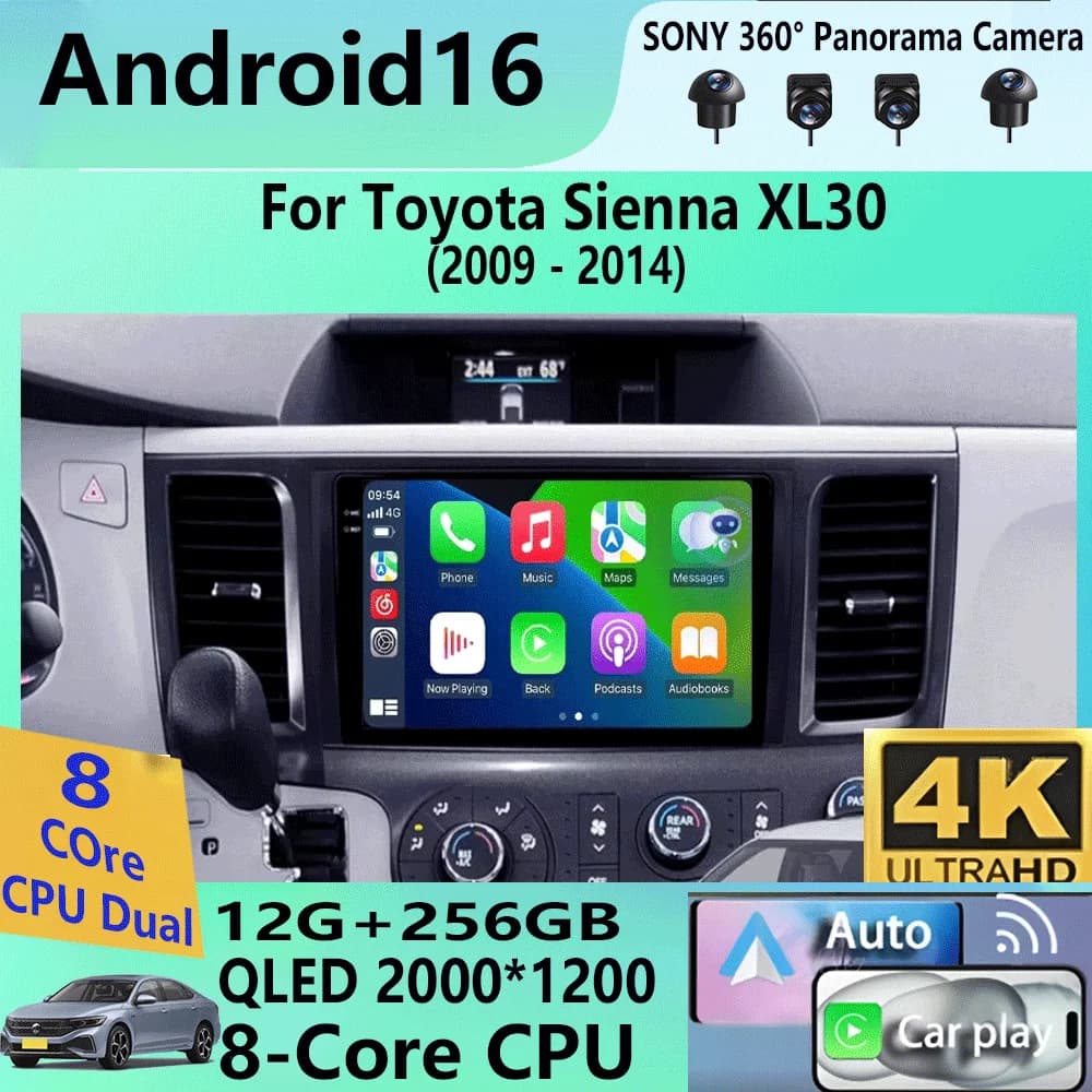 Autoradio Android 16 per Toyota Sienna XL30 2009-2014, Lettore Multimediale Video, Navigatore GPS, Stereo, Carplay, 8G+128GB