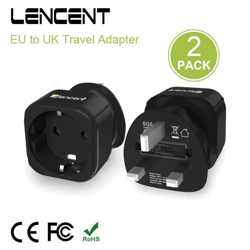 LENCENT 2 PCS EU to UK Travel Adapter Overload Protection Europe Schuko 2 Pin to 3 Pin UK Adaptor Euro to British Travel