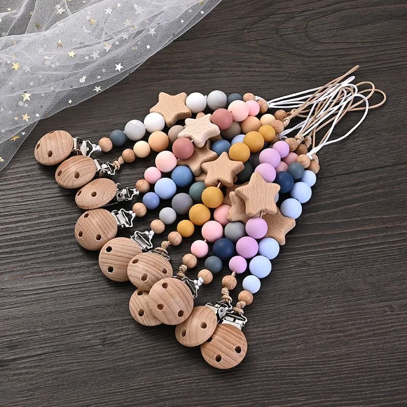 New Baby ciuccio catena clip legno pentagramma massaggiagengive Silicone perline rotonde catena per la dentizione per la cura succhietto giocattoli da masticare regalo doccia