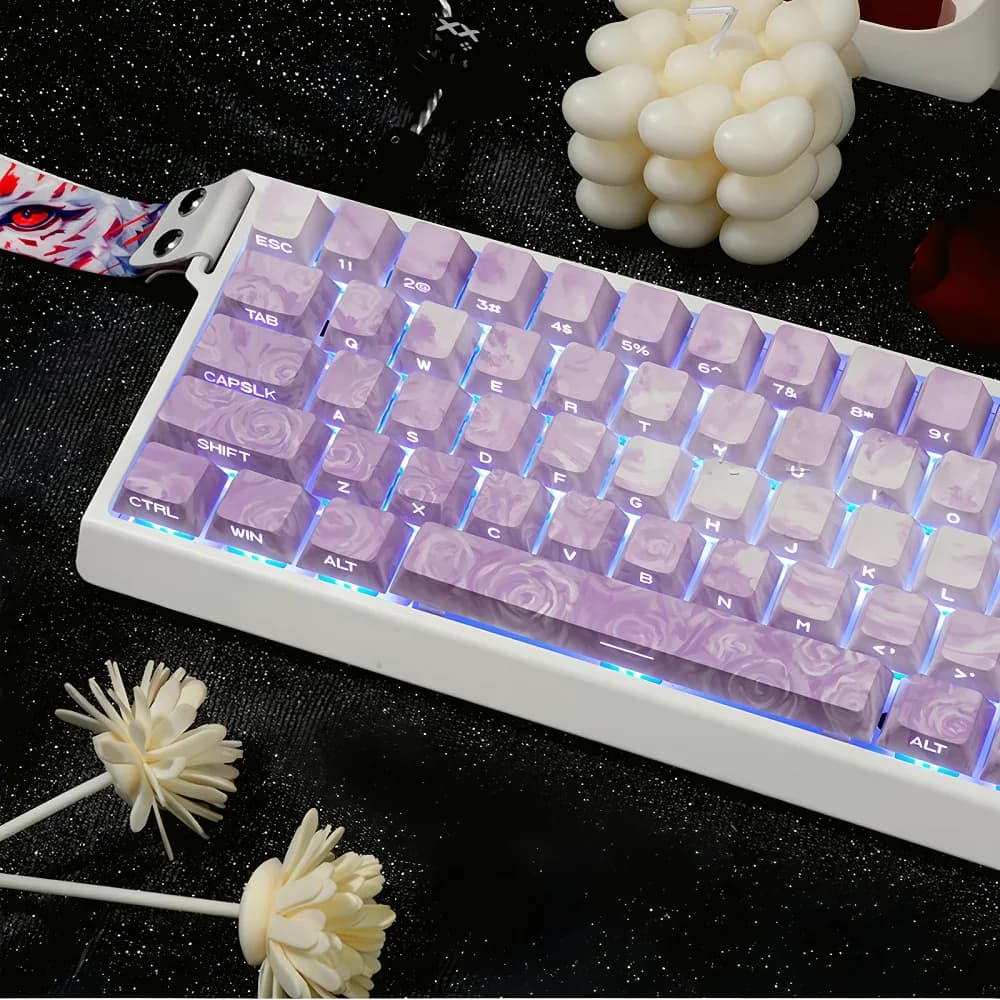 GEFENSI Purple Rose Coast Side Engraved Transparent Key Cap PBT 131 Key For 60/64/84/98/108 Mechanical Keyboard MX Switch