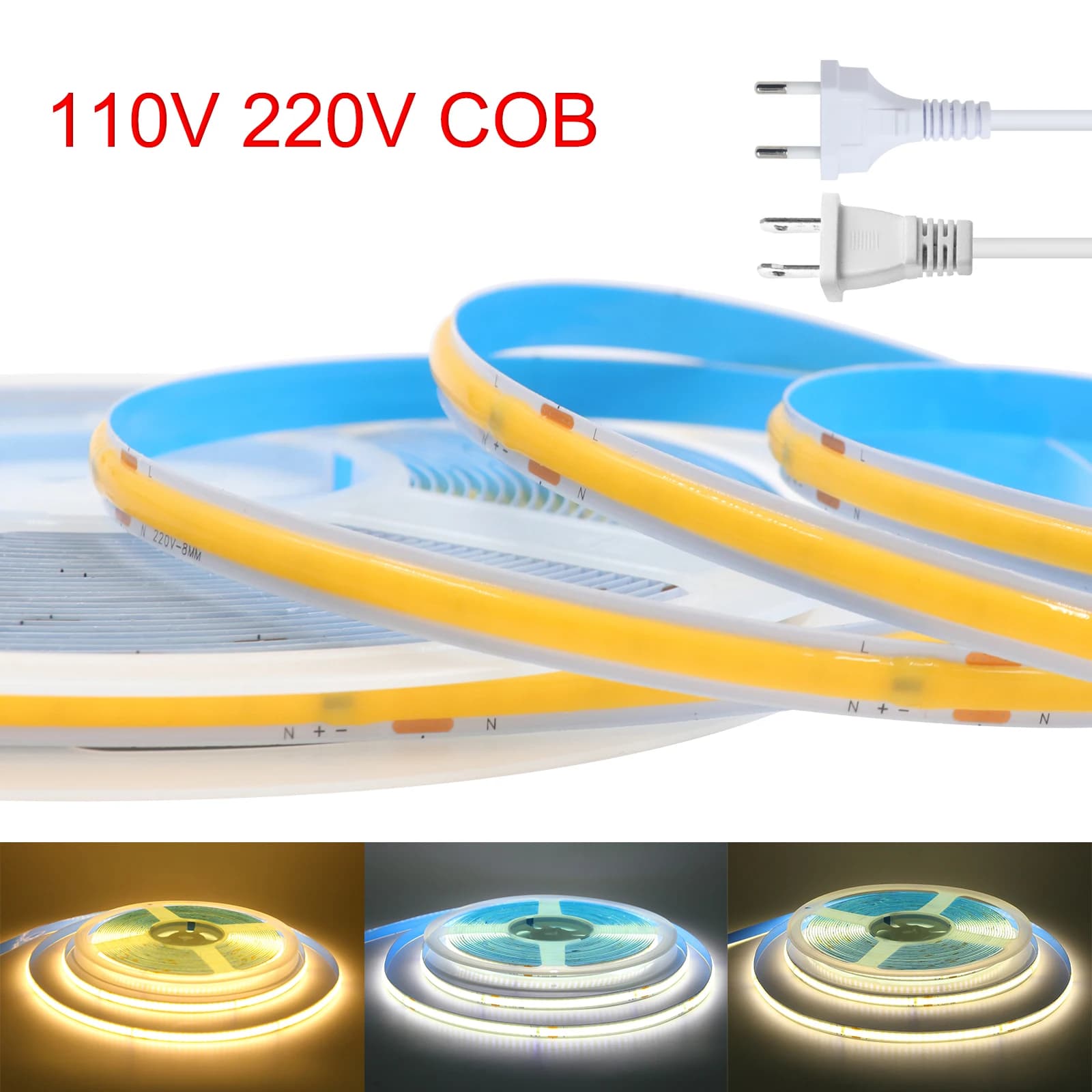 110V 220V COB LED Strip Lights with EU/US Plug 5m 10m 15m 20m 240LEDs/M Linear Lighting Flexible LED Tape Ribbon Home Room Decor