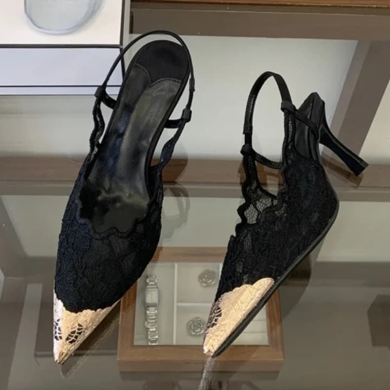 Aneikeh Elegant Summer Mesh Splicing Slingback Low Heel Women Pointed Toe Stiletto Sandals Pumps Party Dress Sandalias Mujer