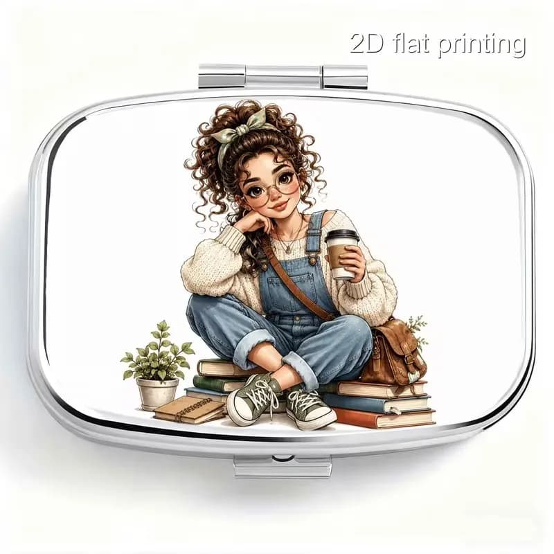 1pc, 2D Flat, Curly-haired Person with Glasses and Books on a Coffee Table Illustration Pattern, Daily Travel Portable Pill Box, Moisture-proof Small Medicine Case, Multifunctional Storage Box for Vitamins and Supplements, Small Jewelry Organizer