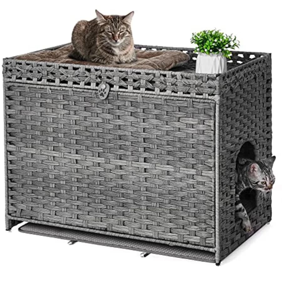Mobiletto per lettiera per gatti con tappetino morbido; Toilette per gattini nascosta con porta; Cuccia per gatti in rattan intrecciato a mano con ampio spazio