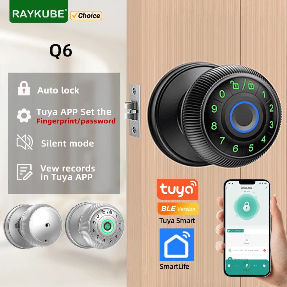RAYKUBE Q6 Tuya BLE Smart Fingerprint Door Lock Electronic lock with Password/key/Smartlife/Tuya APP unlocks mute per bedroom