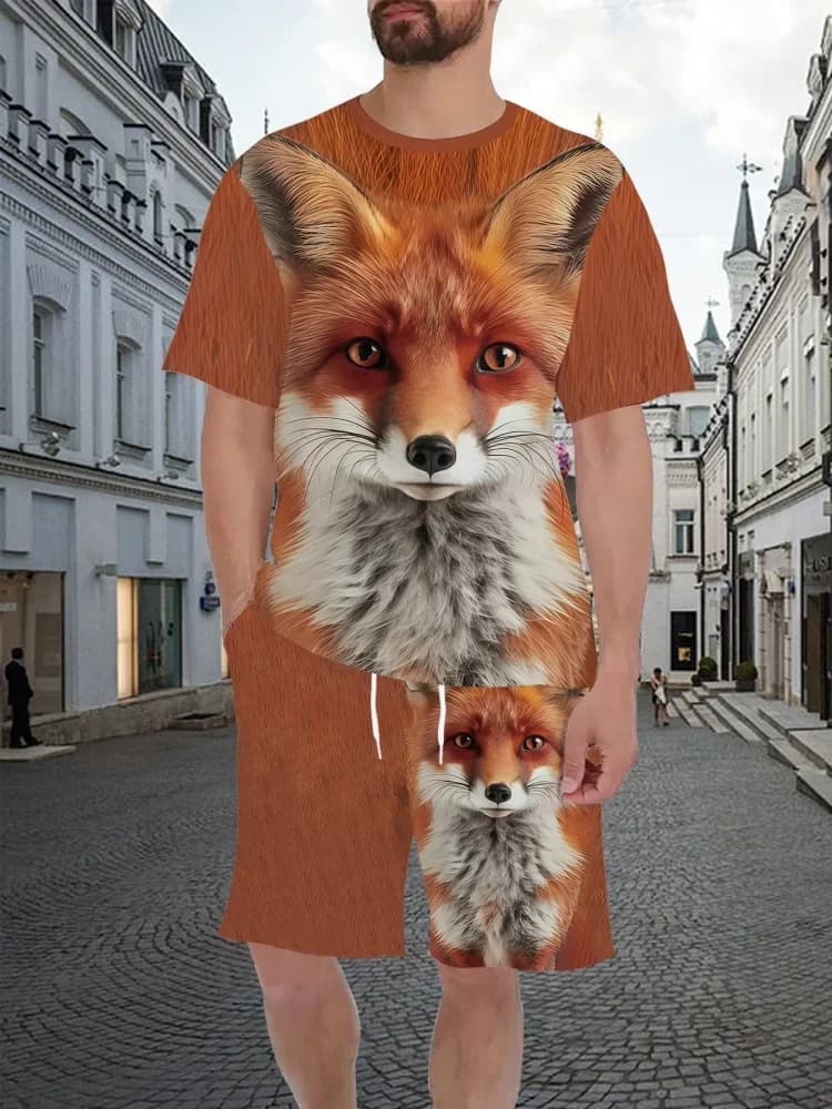 Summer New Men's O-neck T-shirt Sets 3D Animal Printed Lightweight Breathable Traceless Design Short Sleeve Manswear Suit
