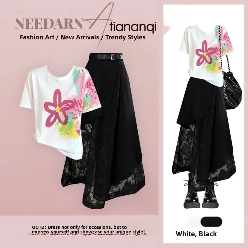 Summer Design Lazy Style Versatile Youthful Print Top High Waist Lace Half Skirt Two Piece Set Fashionable Elegant round Neck...