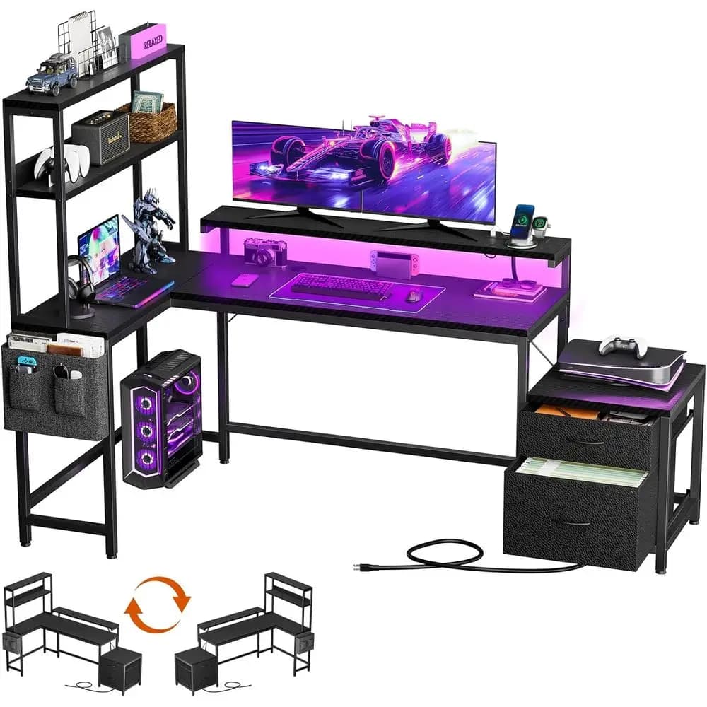 70 L-Shaped Desk with Drawers, Reversible Shelves, Power Outlet & LED Strip, Ideal for Home Office, Study or Bedroom, Carbon Fib