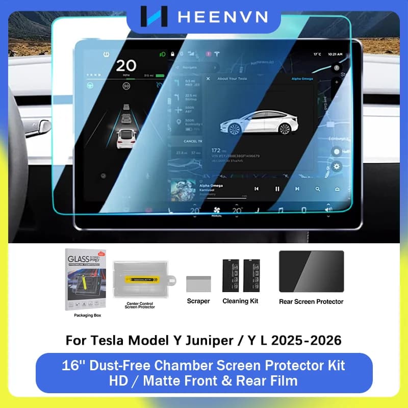HEENVN 16'' Dust-Free Chamber Screen Protector Kit HD / Matte Front & Rear Screen Film For Tesla Model Y Juniper / Y L 2025-2026