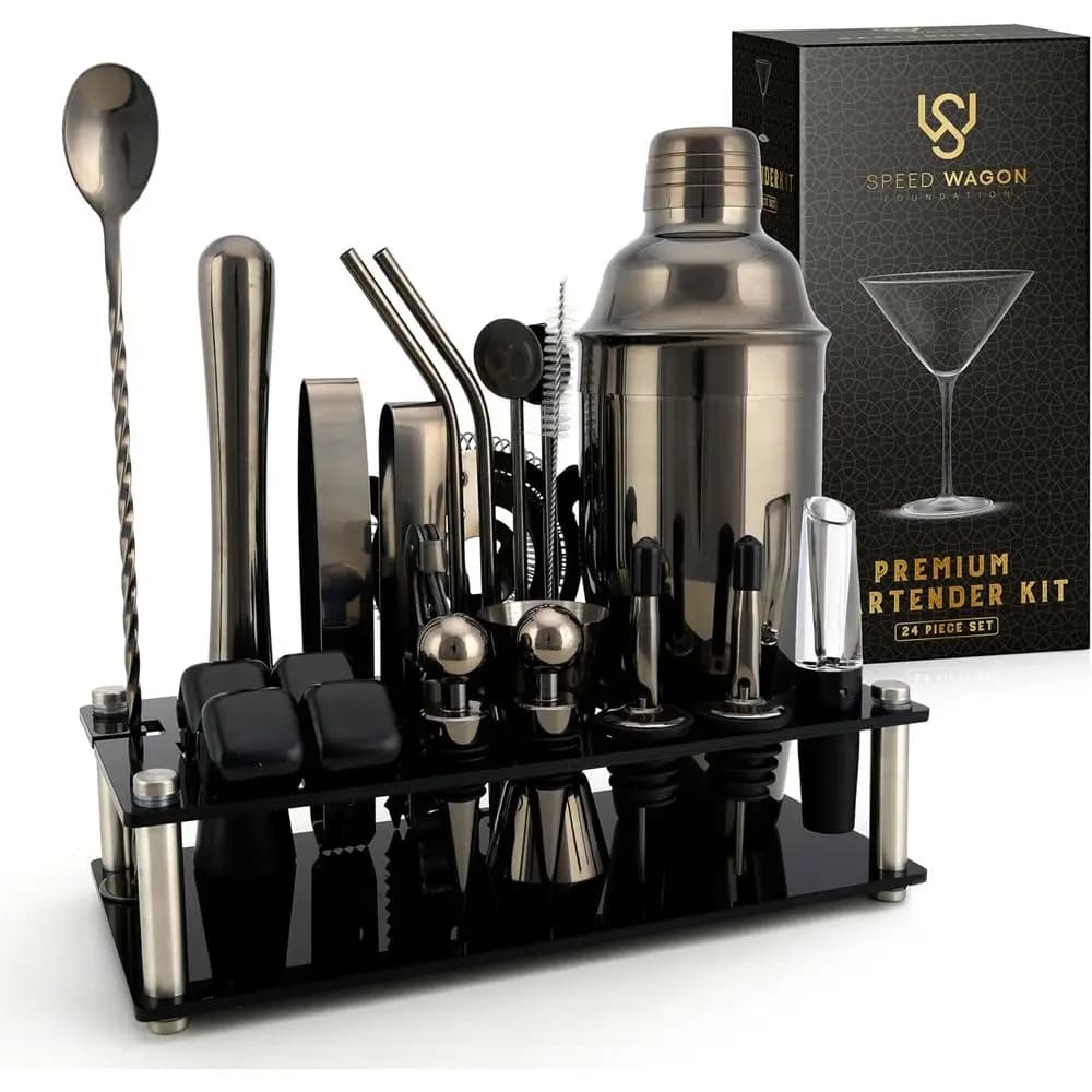 Set da Cocktail in Acciaio Inox da 24 Pezzi con Supporto, Accessori per Bar Domestico, Include Jigger, Muddler, Cubetti Refrigeranti
