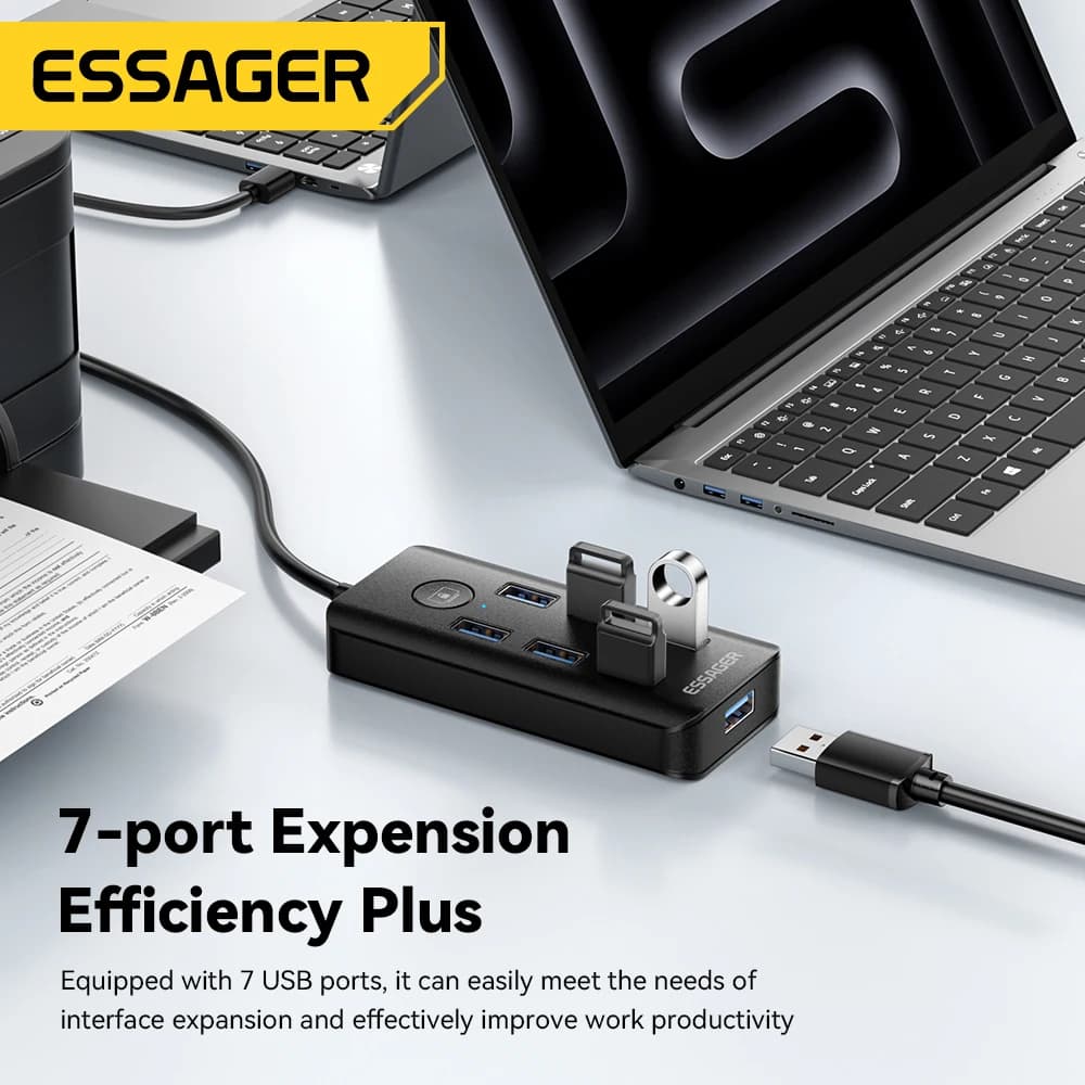 Essager 7-in-1 USB 3.0 Hub Multi USB Splitter Power Adapter 5 Gbps High Speed USB Splitter OTG Laptop Adapter Macbook Pro
