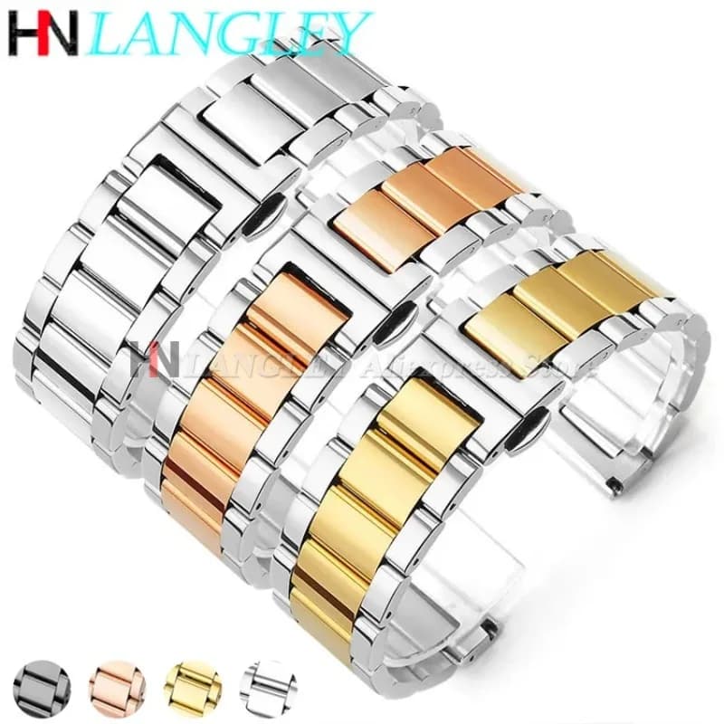 Solid Stainless Steel Watch Strap 16mm 18mm 20mm 21mm 22mm 23mm 24mm Polished Watch Strap Butterfly Buckle Men Women Bracelets