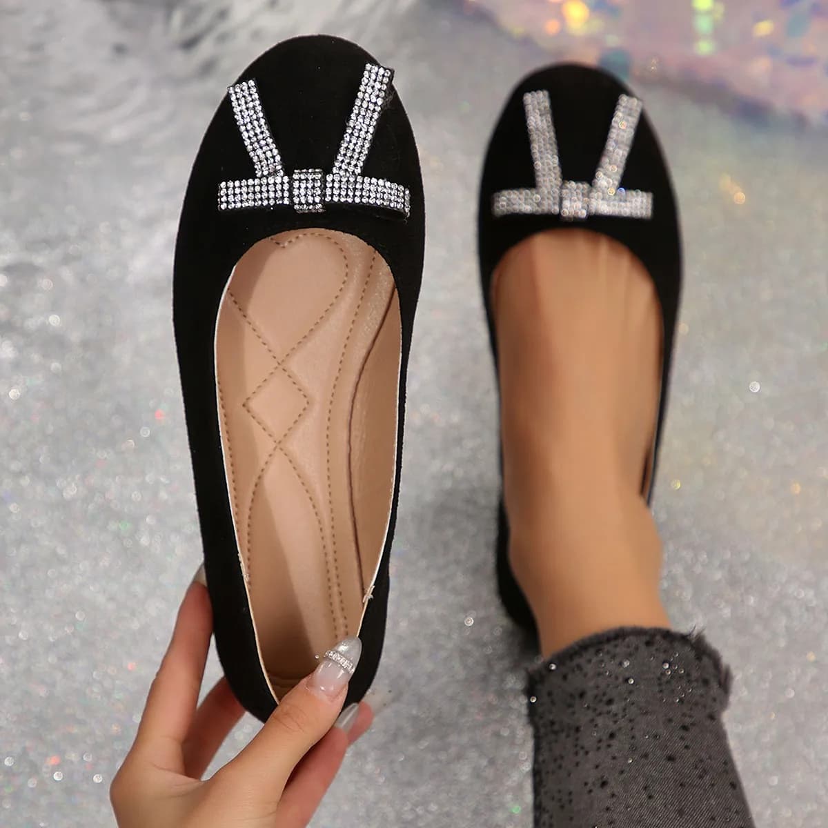 Scarpe Basse Primaverili e Autunnali da Donna con Strass, Ballerine a Punta Tonda, Mocassini Casual da Donna