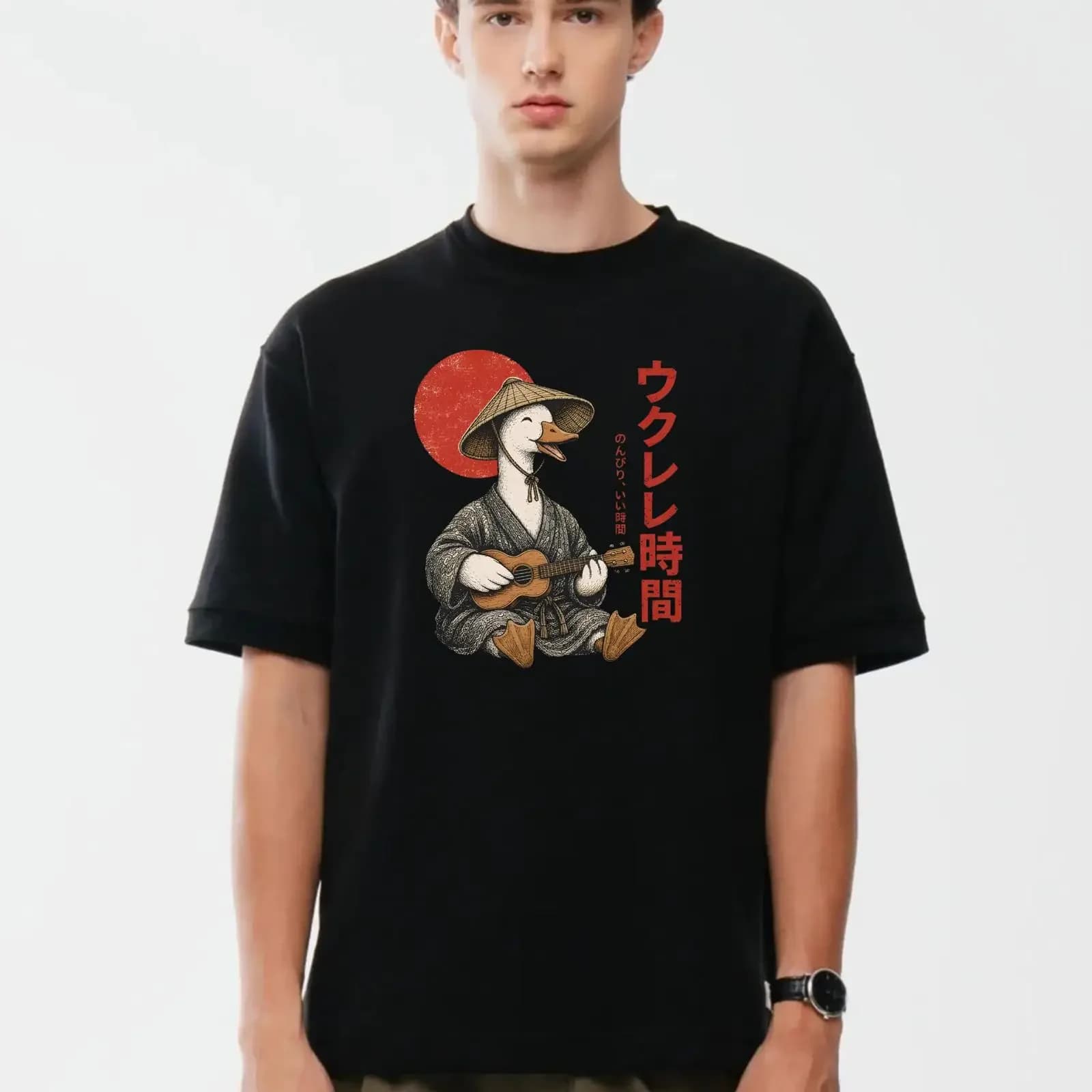 Japanese T Shirt Samurai Goose Playing Ukulele Straw Hat Music Fan 100 Cotton Novelty Top vintage Washed Unisex Soft Breathable