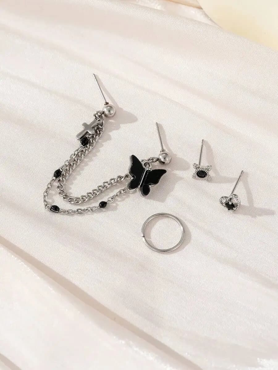 4pcs Gothic Black Butterfly Heart Cross Chain Stud Earrings Set For Single Ear