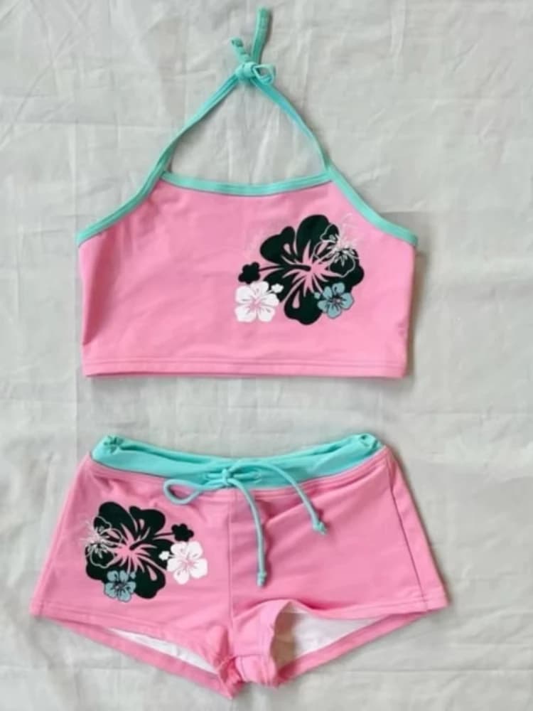 Hawaiian Style Women 2 Piece Tracksuit Trend Floral Graphic Halter Crop Top Elastic Drawstring Shorts Casual Beach Matching Suit
