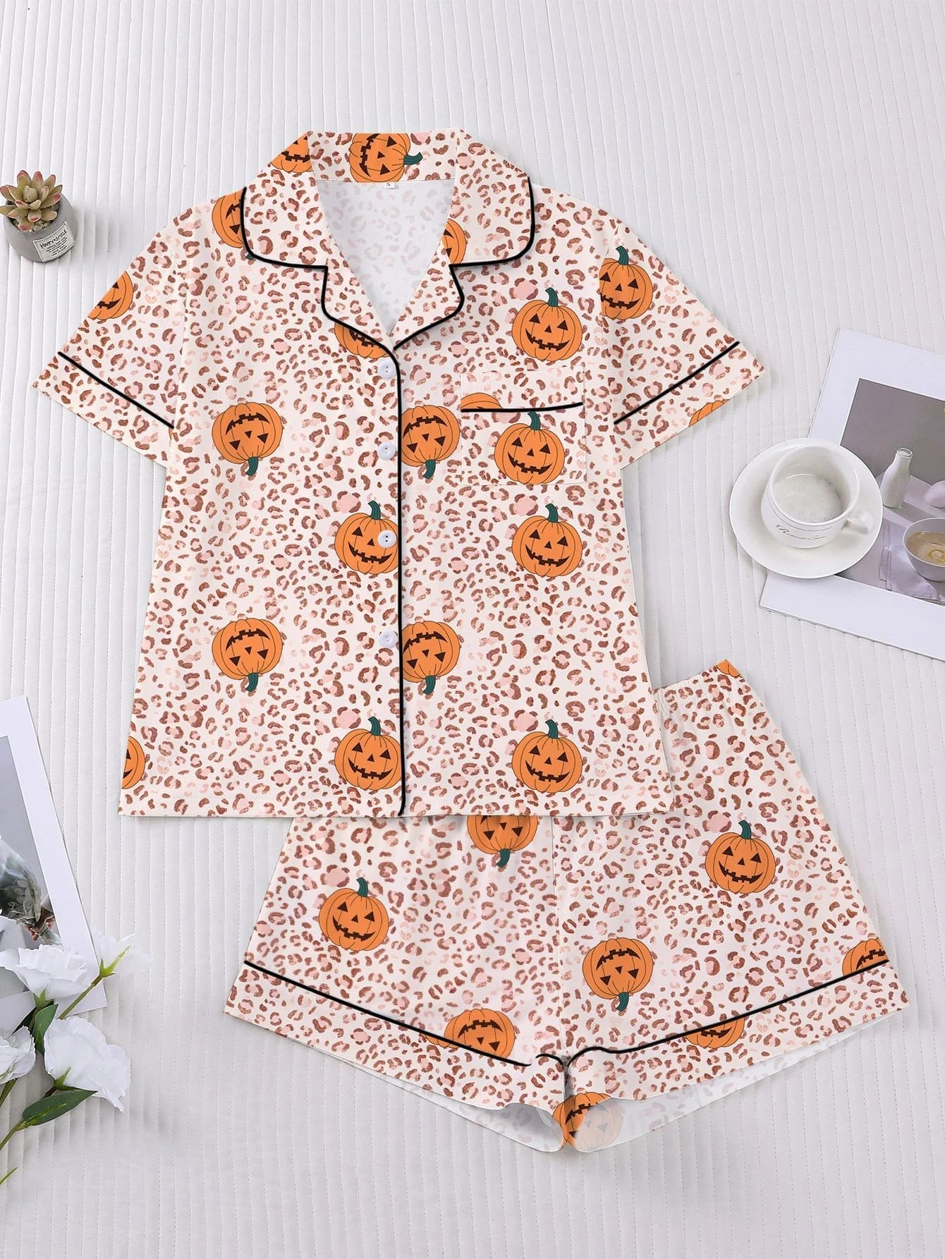 Women's Sleepwear Halloween Print Pajamas Set Collar Short Sleeved Shirt With Shorts Home Suit Set Loungewear Set Pyjama Suit