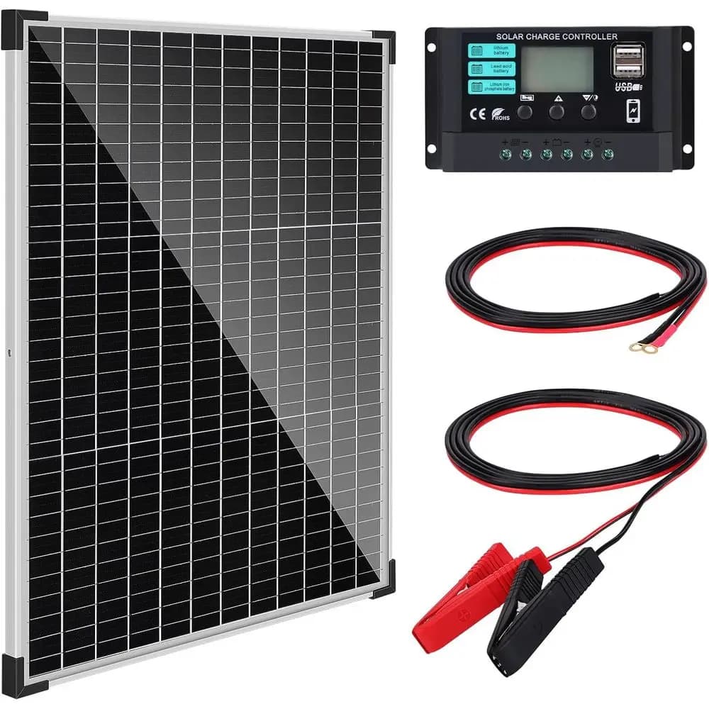 Kit Pannello Solare 50W con Regolatore 10A, Pannelli Monocristallini, Cavo di Prolunga, Adatto per Camper, Nautica, Tetti e Sistemi Off-Grid