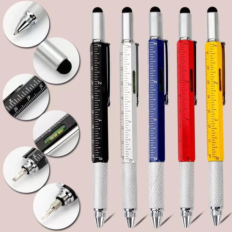 Penna a sfera multifunzione 7 in1 con strumento portatile moderno Misura righello tecnico Cacciavite Touch Screen Stilo Livella a bolla