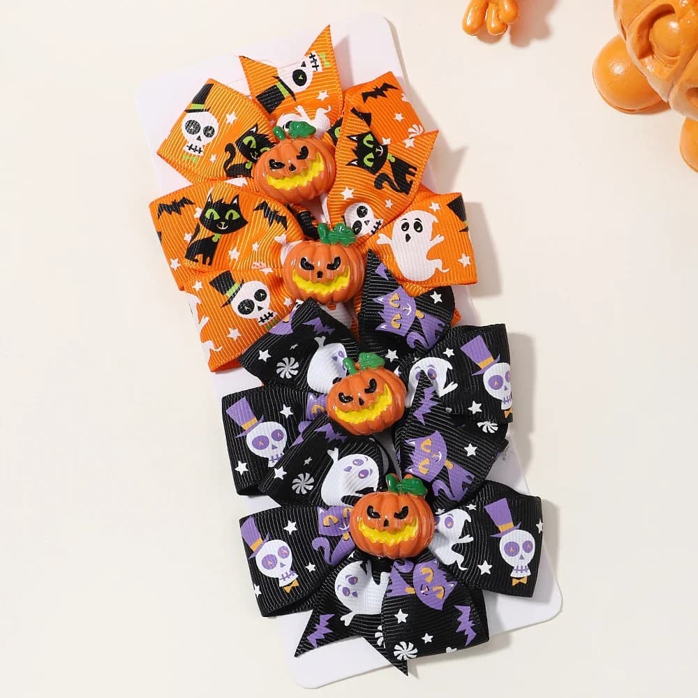 4pcs Halloween Bows Hair Clips 3D Pumpkin Bat for Baby Girls Handmade Ribbon Hairpin Party Exclusive Kids Hair Accessories Gi