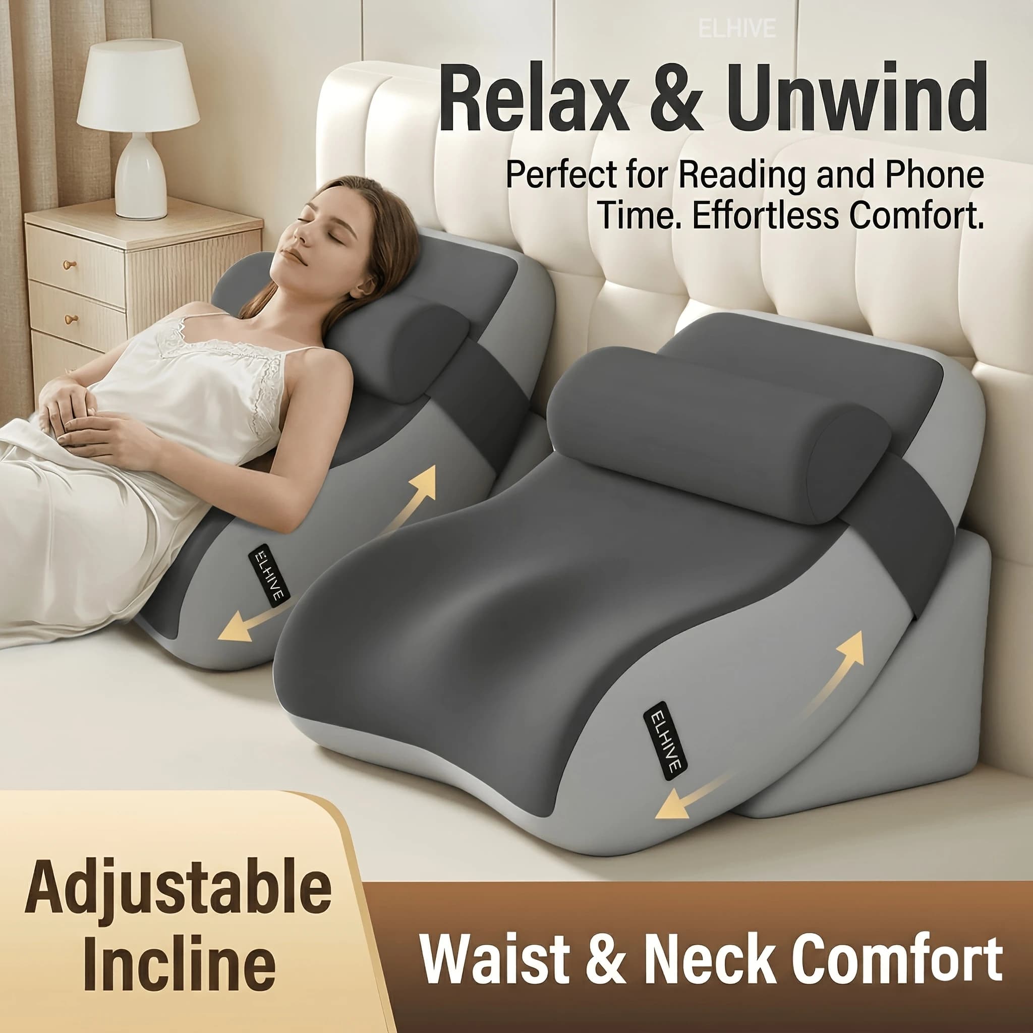 Contoured Backrest Support Pillow for Bed, 3-Level Adjustable Reading Wedge, Memory Foam Sit-up Cushion with Side Wraparound Support, Ergonomic Design for Shoulder Waist & Pelvis, Perfect for Relaxing in Bed, Reading, Gaming, Dorm Essentials, Grey